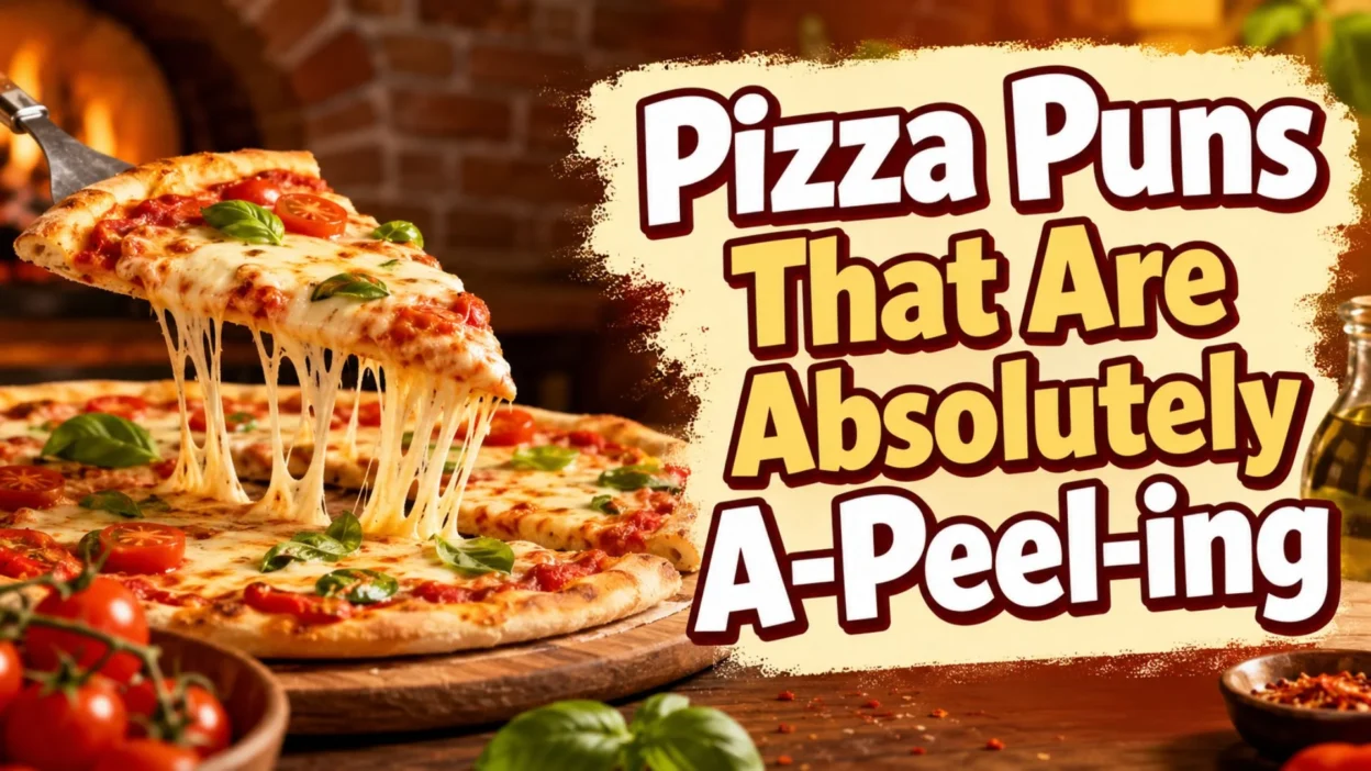 Pizza puns blog cover with cheesy pizza slice and warm pizzeria background