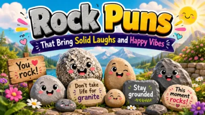 Rock puns image with cute smiling stones, colorful flowers, mountain lake background, and funny playful text