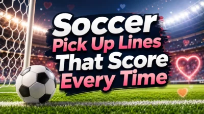 Soccer pick up lines blog cover with soccer ball, stadium lights, goal net, and romantic heart accents