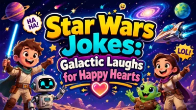 Star Wars jokes image with cartoon space heroes, robot, alien, spaceship, and galactic humor