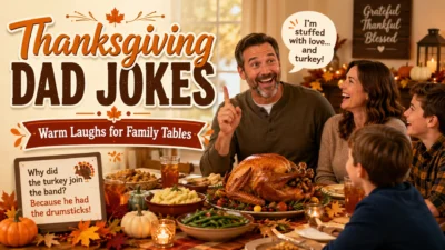 Thanksgiving dad jokes family dinner image with smiling dad, roast turkey, and warm autumn table decor