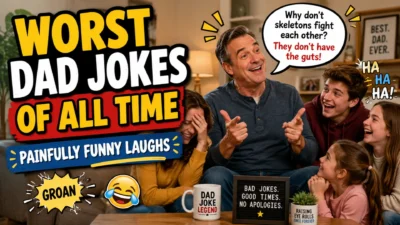 Worst dad jokes of all time image with a laughing family, joking dad, and bold funny text in a cozy living room