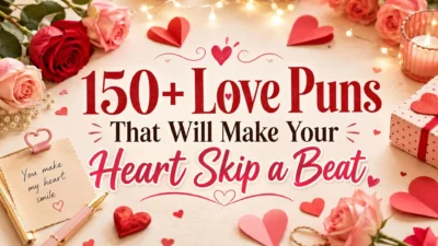 150+ love puns cover with roses, hearts, fairy lights, and romantic Valentine style