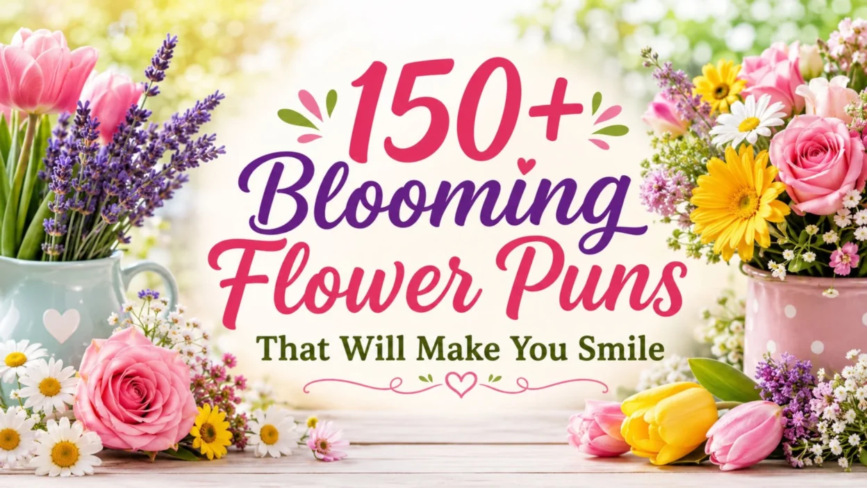 150+ blooming flower puns blog cover with colorful spring flowers and cheerful garden style