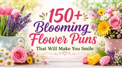 150+ blooming flower puns blog cover with colorful spring flowers and cheerful garden style