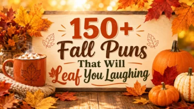 150+ fall puns cover with autumn leaves, pumpkins, cozy mug, and warm seasonal colors