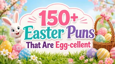 Easter puns blog cover with bunny, colorful eggs, spring flowers, basket, and egg-cellent title
