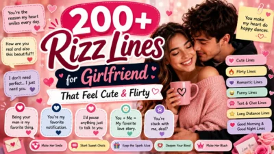Rizz lines for girlfriend poster with a loving couple, pink hearts, romantic messages, flowers, and playful typography.