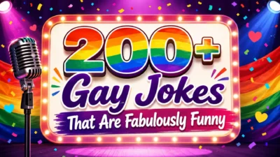 200+ gay jokes blog cover with rainbow pride colors, comedy microphone, and funny LGBTQ humor theme