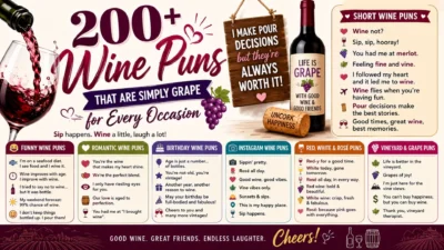 Wine puns image with red wine, bottle, grapes, cork, and funny jokes for birthdays, romance, Instagram, and parties.