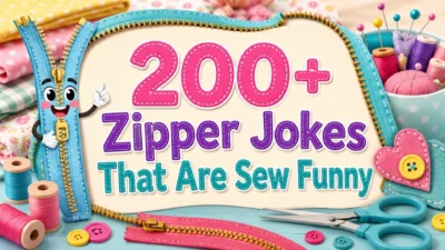 200+ zipper jokes blog cover with smiling zipper, sewing tools, thread, buttons, and sew funny title