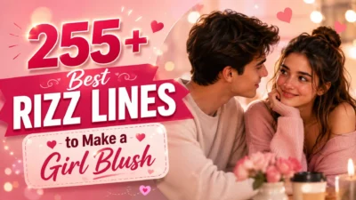 Romantic couple smiling beside 255+ best rizz lines to make a girl blush in a warm pink design
