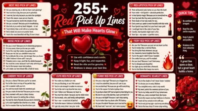 255+ red pick up lines with roses, hearts, lipstick, cherries, and romantic flirting ideas