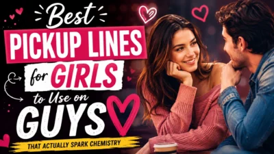 Best pickup lines for girls to use on guys with a smiling couple, hearts, and bold romantic text.