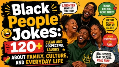 Joyful Black friends laughing beside bold text promoting 120+ clean and respectful Black people jokes.