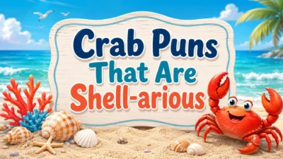 Crab puns blog cover with smiling crab, seashells, coral, sandy beach, and ocean waves