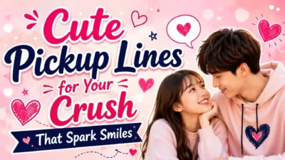 Cute pickup lines for your crush poster with a smiling couple, pink hearts, and a playful romantic design.