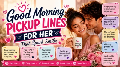 Good morning pickup lines for her image with a loving couple, coffee, pink flowers, hearts, and sweet romantic messages.