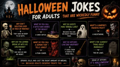 Halloween jokes for adults poster with spooky pumpkins, ghosts, witches, vampires, and funny Halloween puns.