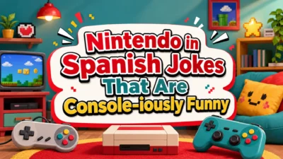 Nintendo in Spanish jokes featured image with colorful gaming room, retro console, controllers, and funny headline