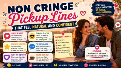 Non cringe pickup lines poster with a smiling couple, café setting, hearts, and natural dating conversation tips.