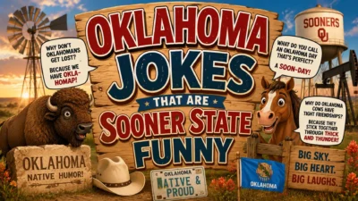 Oklahoma jokes illustration with buffalo, cowboy, windmill, and Sooner State humor in a colorful Western cartoon scene.