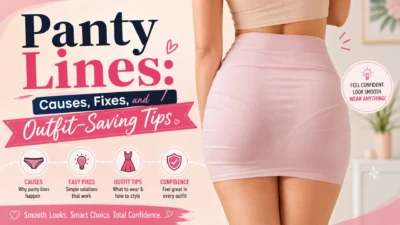 Panty lines causes, fixes, and outfit-saving tips shown with a woman wearing a fitted pink skirt