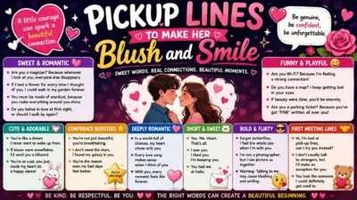 Pickup lines to make her blush infographic with romantic, funny, cute, flirty, and sweet message ideas