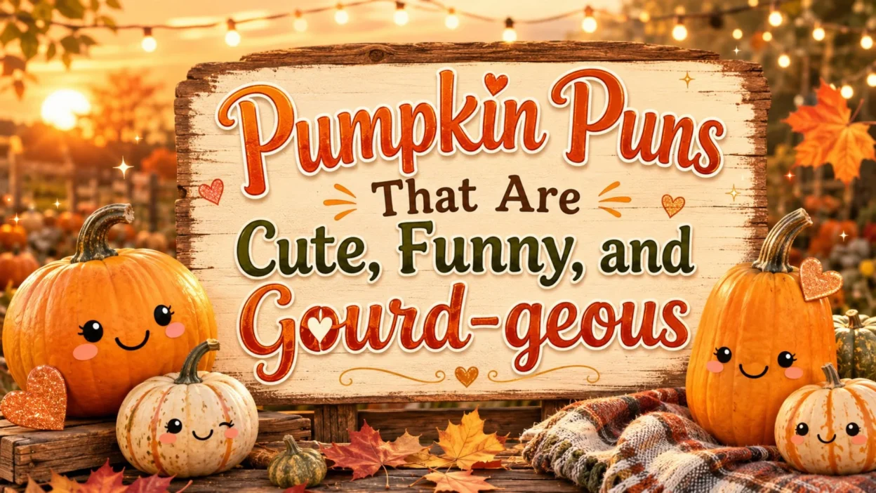 Pumpkin puns with cute smiling pumpkins, autumn leaves, fairy lights, and cozy fall background