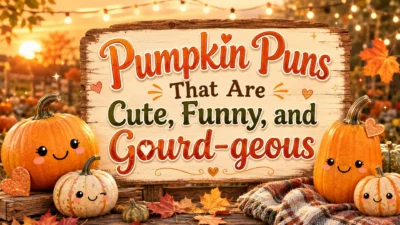 Pumpkin puns with cute smiling pumpkins, autumn leaves, fairy lights, and cozy fall background
