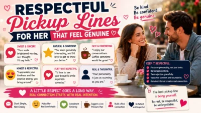 Respectful pickup lines for her infographic with a smiling couple, romantic hearts, sincere compliments, and dating tips.