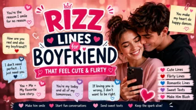 Rizz lines for boyfriend image with a smiling couple, pink hearts, sweet text messages, and a romantic design.