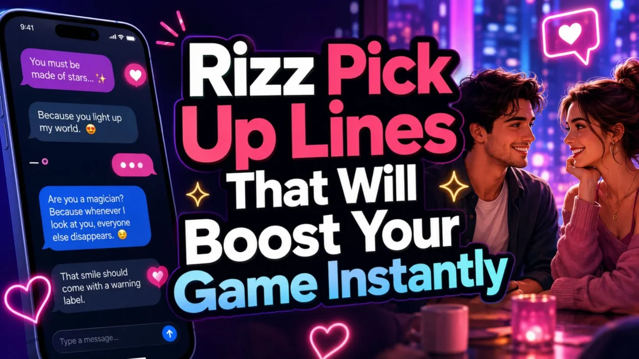 Rizz pick up lines blog cover with phone chat bubbles, neon hearts, and modern dating humor theme