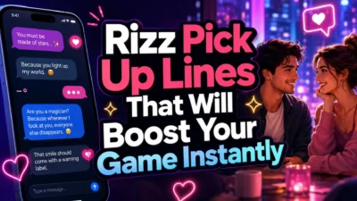 Rizz pick up lines blog cover with phone chat bubbles, neon hearts, and modern dating humor theme