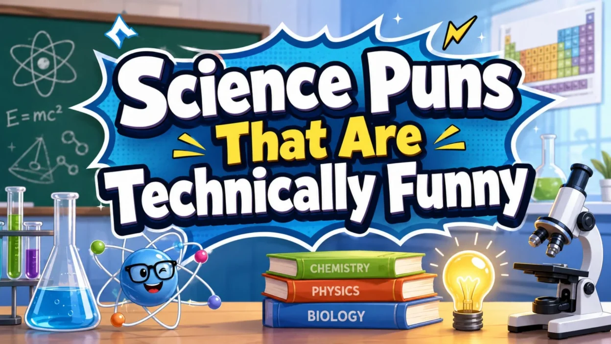 Science puns blog cover with lab beakers, microscope, books, atom character, and funny science humor title