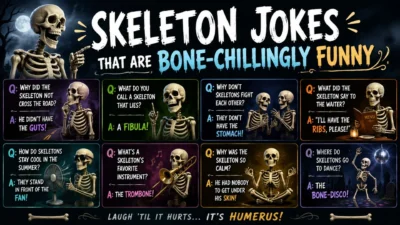Skeleton jokes poster with funny bone puns, spooky graveyard, cartoon skeletons, and Halloween humor.