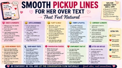 Smooth pickup lines for her over text with romantic messages, cute captions, and respectful flirting tips.