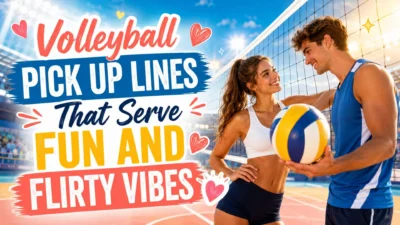 Volleyball pick up lines with flirty court scene, smiling players, hearts, and fun sporty vibe