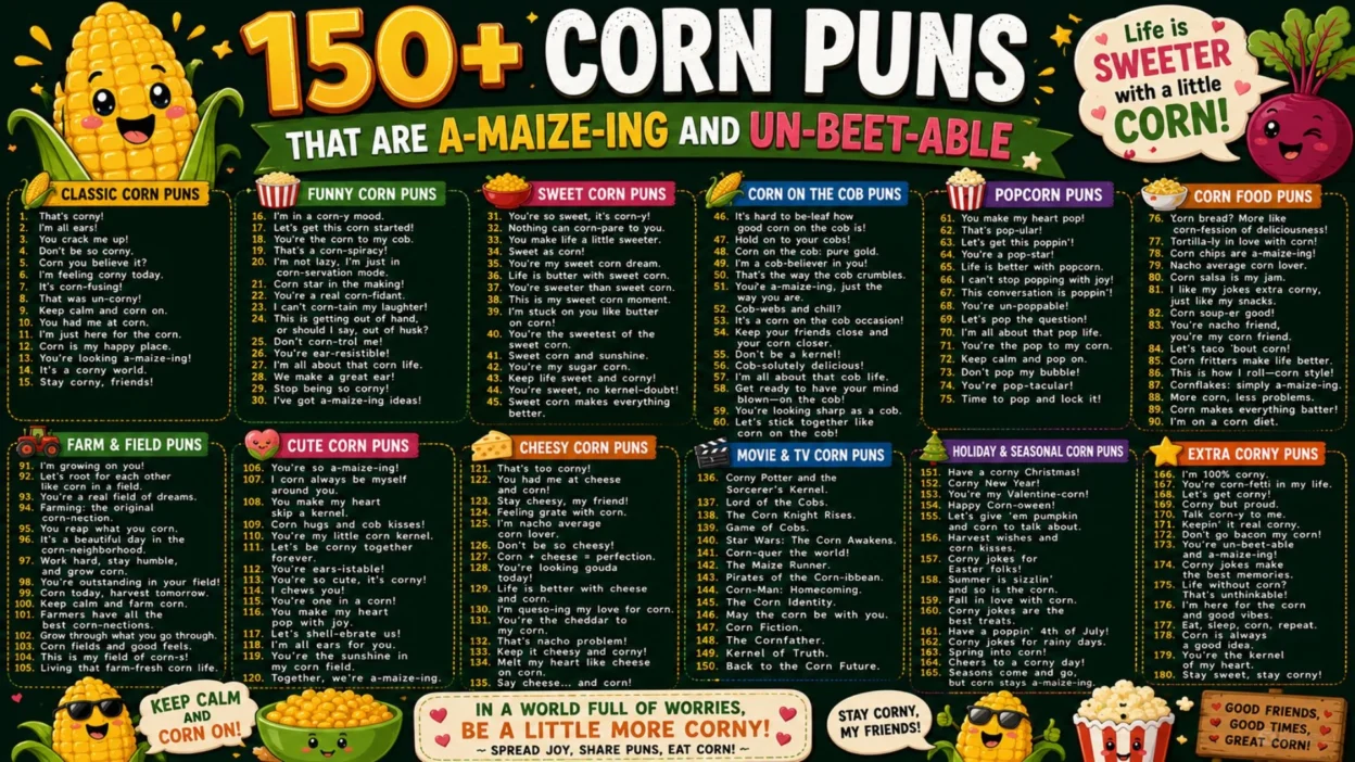 Colorful corn puns infographic featuring 150+ funny corn jokes, popcorn humor, sweet corn puns, and cute corn illustrations.