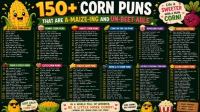 Colorful corn puns infographic featuring 150+ funny corn jokes, popcorn humor, sweet corn puns, and cute corn illustrations.