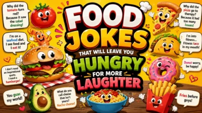 Food jokes graphic with funny burger, pizza, taco, donut, and fries characters in a colorful cartoon comedy design.