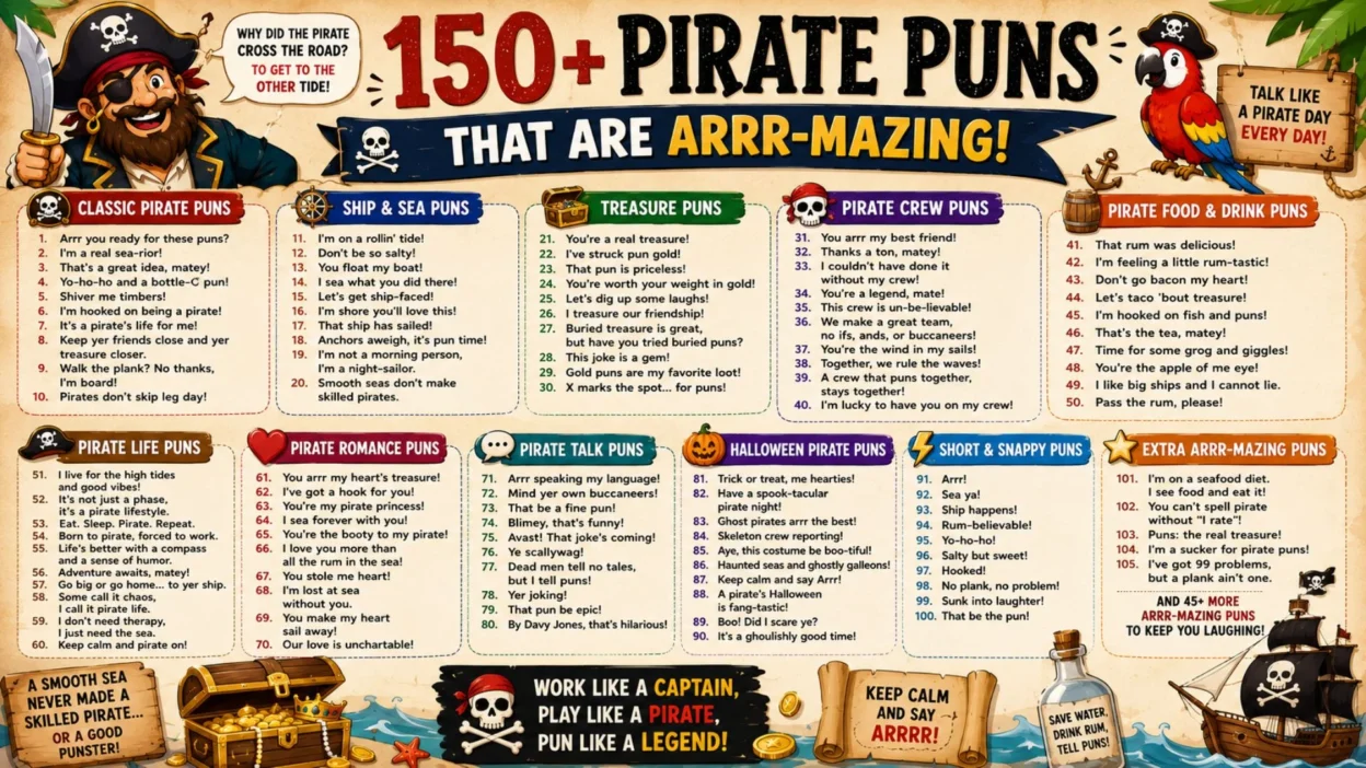 Colorful pirate puns infographic featuring 150+ funny pirate jokes, treasure humor, sea puns, and cartoon pirate illustrations.