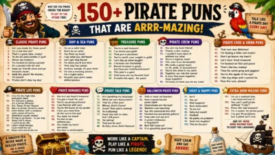 Colorful pirate puns infographic featuring 150+ funny pirate jokes, treasure humor, sea puns, and cartoon pirate illustrations.
