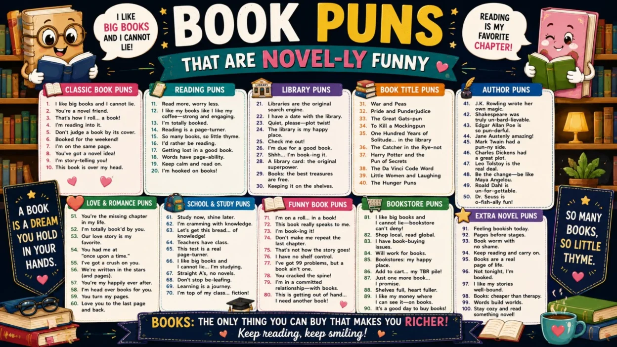 Colorful book puns infographic featuring funny reading jokes, library humor, author puns, and cute cartoon book illustrations.