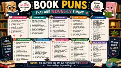 Colorful book puns infographic featuring funny reading jokes, library humor, author puns, and cute cartoon book illustrations.