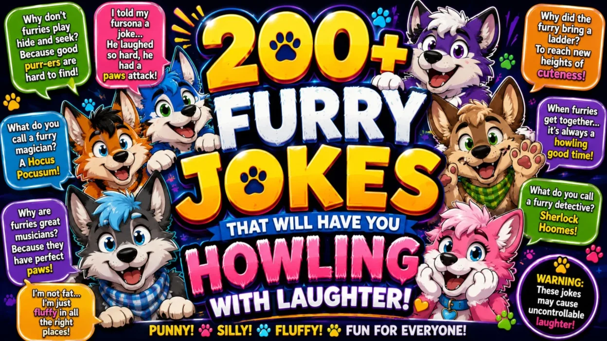 200+ furry jokes graphic with cute cartoon animal characters, funny furry puns, and colorful comedy-themed artwork.