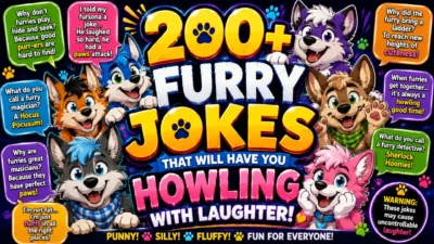 200+ furry jokes graphic with cute cartoon animal characters, funny furry puns, and colorful comedy-themed artwork.
