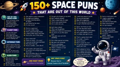Colorful space puns infographic featuring astronauts, planets, rockets, and 150+ funny out-of-this-world jokes.