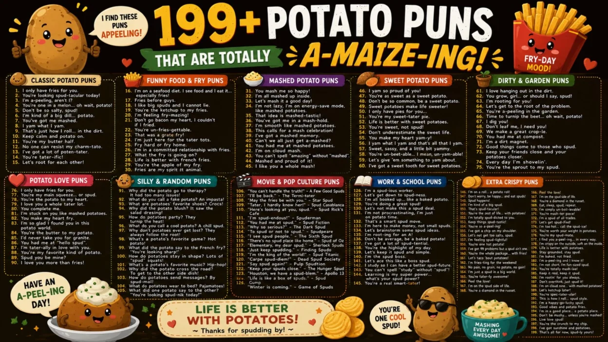 Colorful potato puns infographic featuring 199+ funny potato jokes, fries humor, mashed potato puns, and cute spud illustrations.