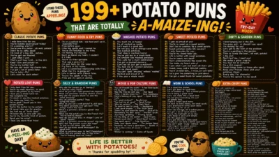 Colorful potato puns infographic featuring 199+ funny potato jokes, fries humor, mashed potato puns, and cute spud illustrations.